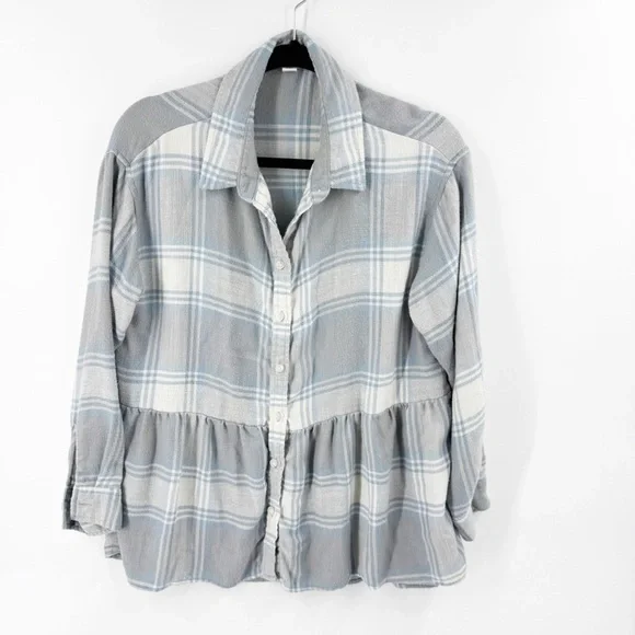 ✅ American Eagle AE Oversized Babydoll Plaid Shirt BLUE/WHITE/GREY SIZE SMALL - Picture 2 of 7